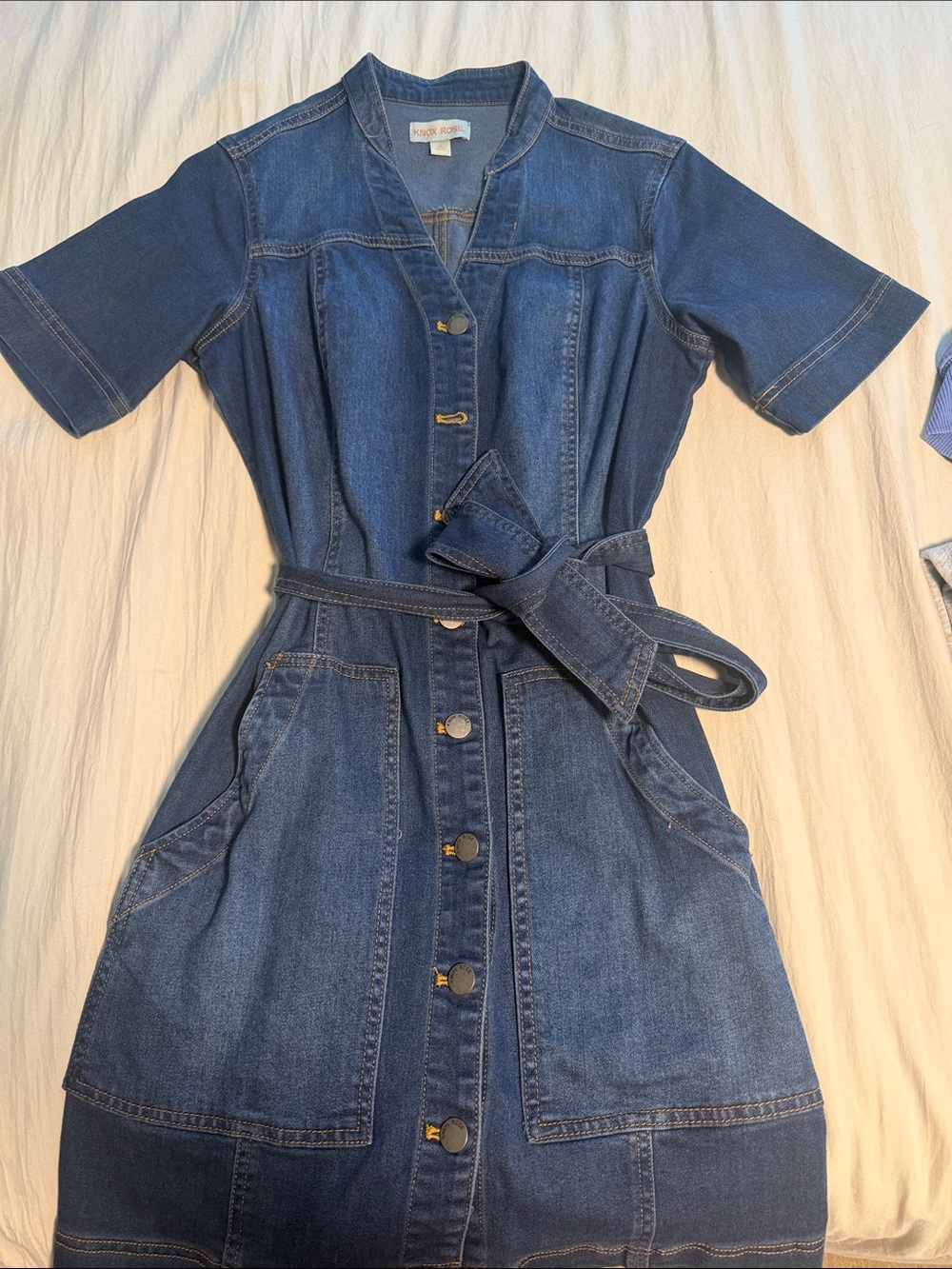 Knox Rose Dark Blue Denim Button-Front Dress with Tie Belt
